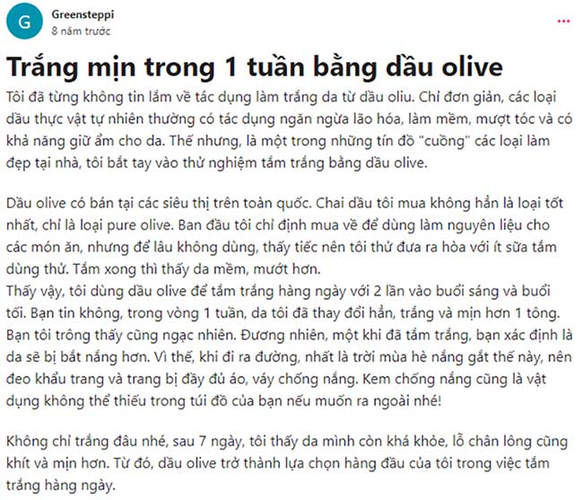 Review tắm trắng bằng dầu oliu