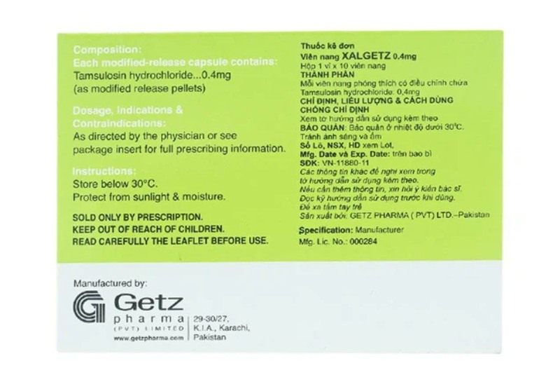 Mặt sau hộp thuốc Xalgetz 0.4mg