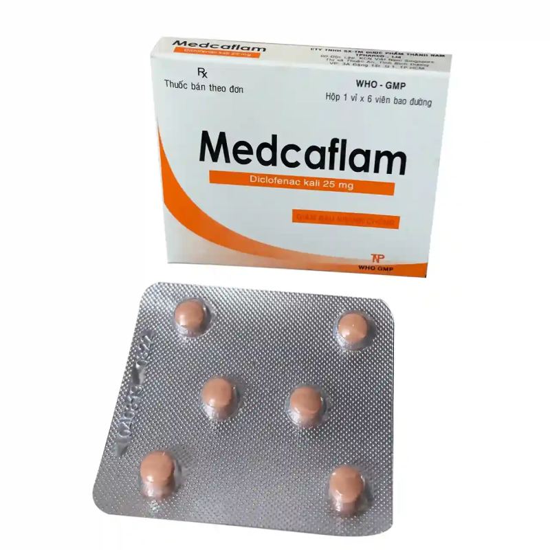 Hộp thuốc Medcaflam 25mg gồm 1 vỉ x 6 viên.